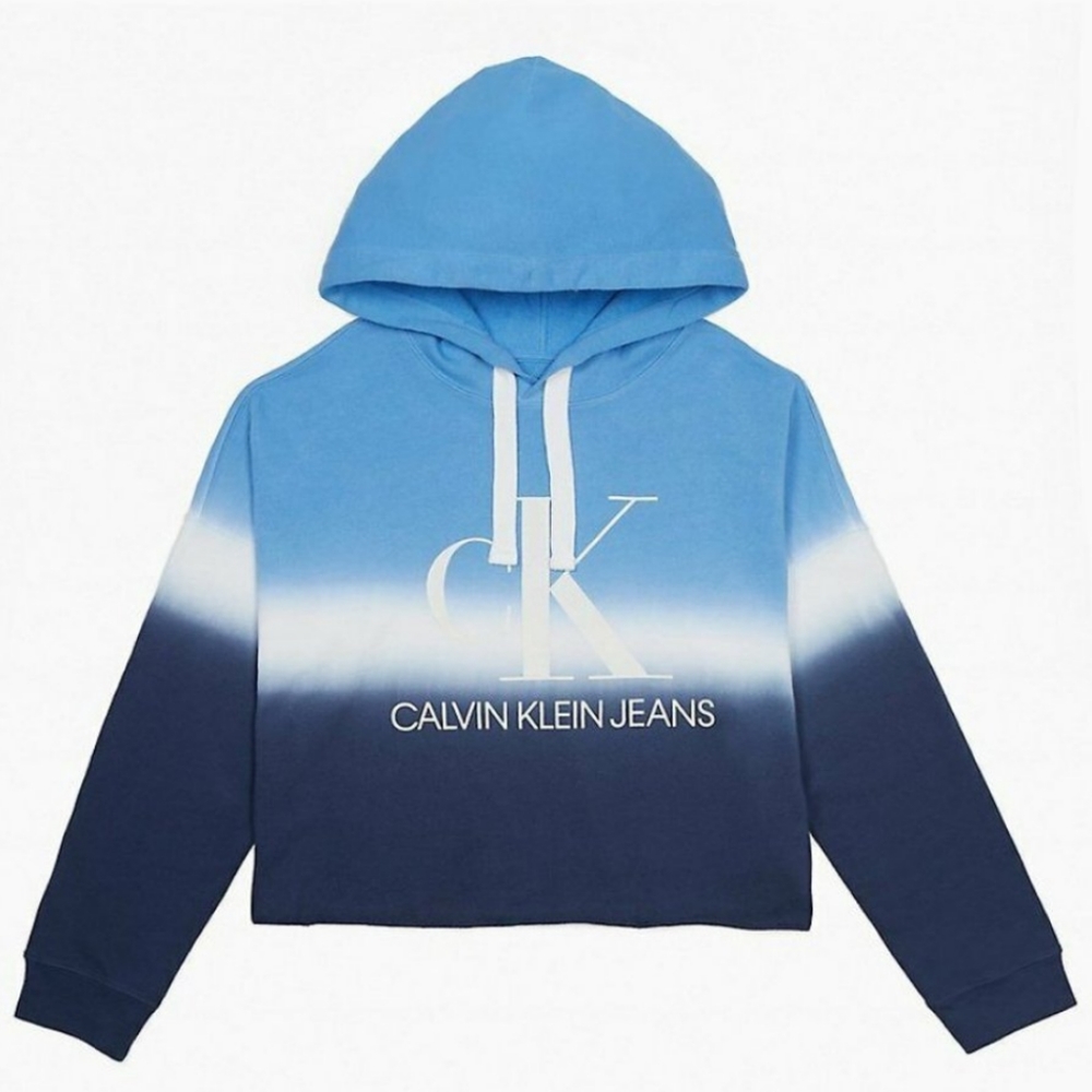 NEW Hoodie CK Jeans Crop Top Calvin Klein Ombre Blue Color Block Pullovr Women L - Picture 3 of 7